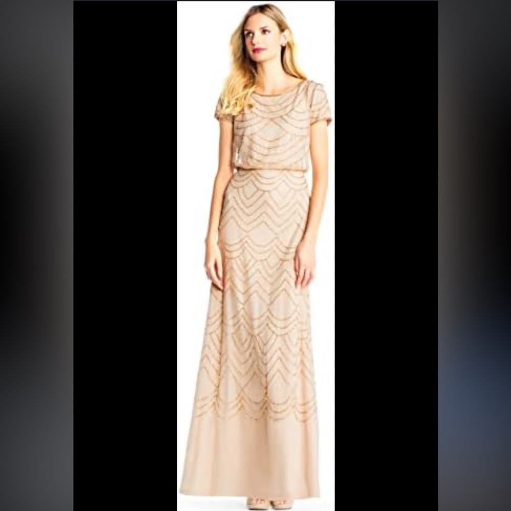 NWT- Adrianna Papell Women's Short Sleeve Blouson Beaded Gown